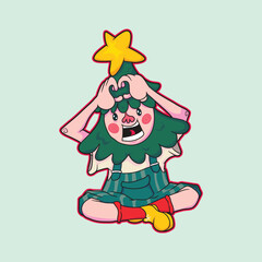 Cartoon child character in a Christmas tree outfit sitting joyfully with cute face and yellow star on top Perfect for holiday illustration, fun kids design, and festive art projects