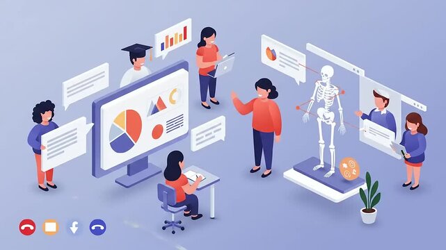 Engaging educational scene with diverse individuals analyzing data, presenting ideas, and collaborating - Powered by Adobe