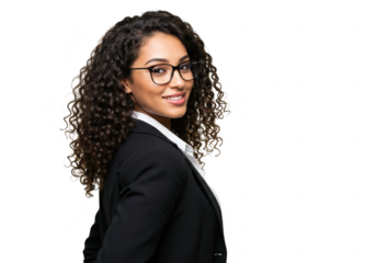 Confident businesswoman with curly hair and glasses smiling over her shoulder, isolated on a transparent background