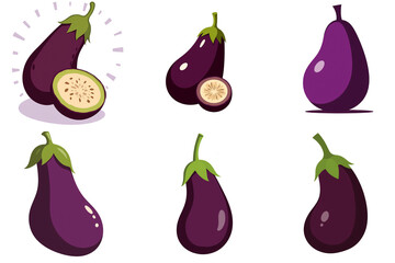 set of eggplant images in icon style on white background, isolate