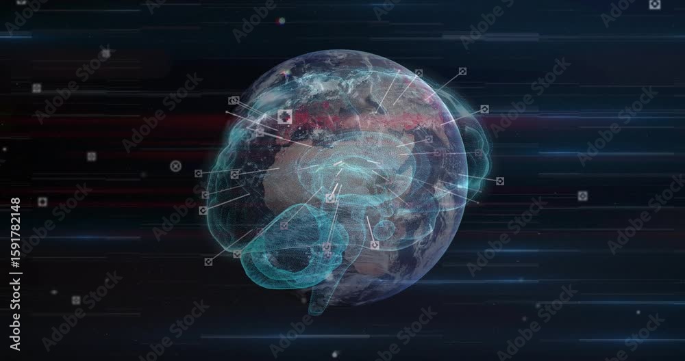 Poster opening space, globe-brain appearing rotating and linking ui nodes with flashing highlights
