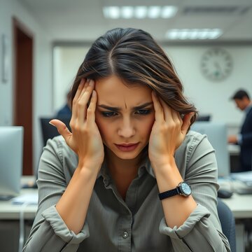 Una mujer en una oficina, con las manos en la cabeza, claramente mostrando estr&eacute;s y preocupaci&oacute;n.