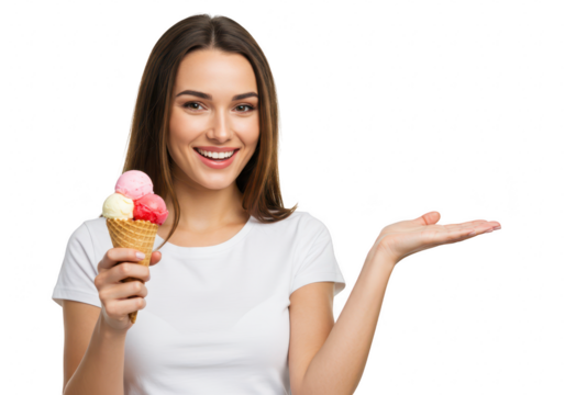 A happy young woman holding an ice cream cone and presenting it isolated on a transparent background
