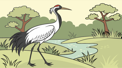 Naklejka premium Illustration of a red crowned crane walking near a pond with trees and bushes in the background scene