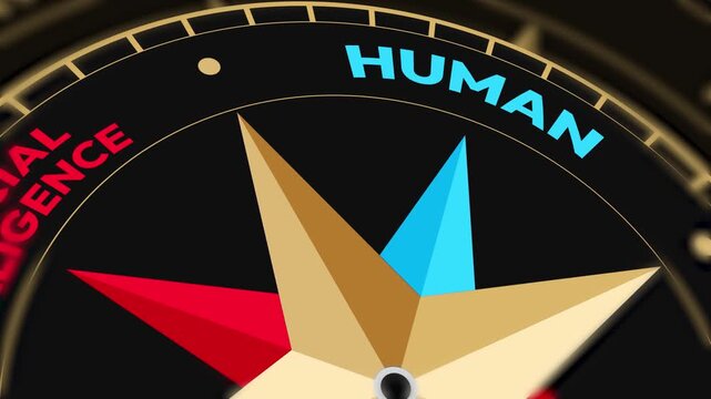 Artificial intelligence vs Human showing on the compass close up 4k animation. Comparison, ai