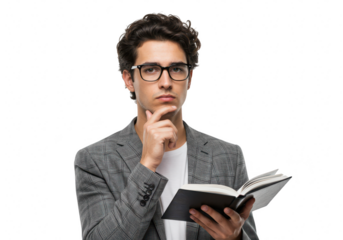 A young man wearing glasses and a blazer reads a book, deep in thought, isolated on a transparent background