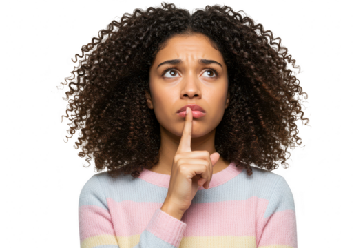A young woman with curly hair looks up thoughtfully, placing a finger to her lips in a gesture of silence, isolated on white isolated on transparent background