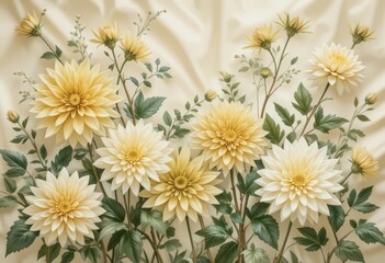  Chinoiserie Dahlia Garden Delicately Painted Dahlias and Greenery on Cream Silk
