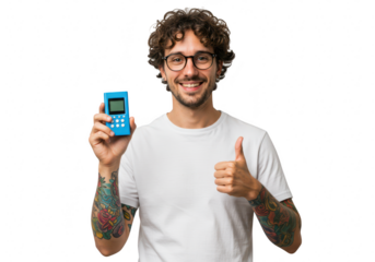 A smiling man with glasses and curly hair holds a small electronic device and gives a thumbs up, isolated on a transparent background