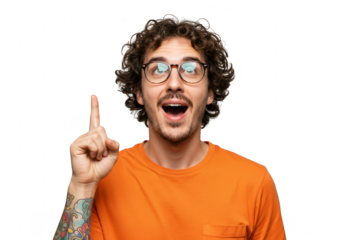Excited man with curly hair and glasses points finger upwards, isolated on transparent background