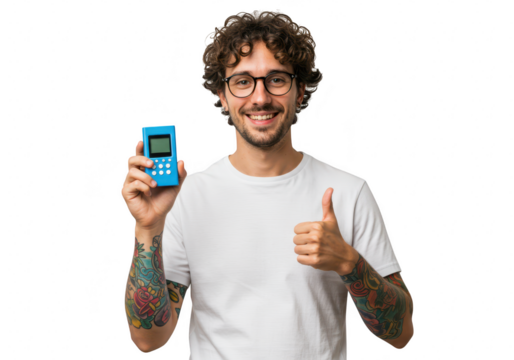 A smiling man with glasses and curly hair holds a small electronic device and gives a thumbs up, isolated on a transparent background