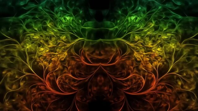 Symmetrical tendrils unfurl in green, yellow, and orange gradient against black