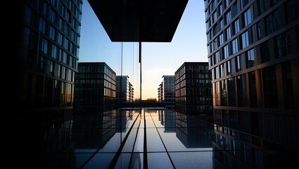Modern Cityscape Reflecting Sunset Light on Wet Pavement Creating Geometric Patterns