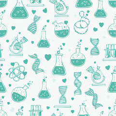 Repeating pattern of science lab equipment and DNA double helix elements with hearts.