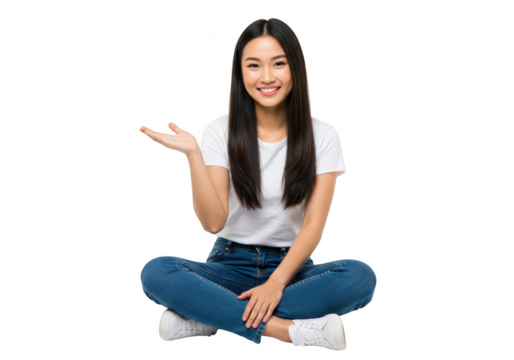 A happy young asian woman sits crosslegged in jeans and a white tshirt, smiling and holding her left hand open with palm facing upwards isolated on transparent background