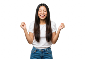 Joyful asian woman celebrating success with arms raised and fists clenched, isolated on transparent background