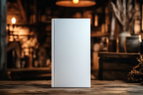 Blank white hardcover book standing on wooden surface with dried flowers and glass jar in warm indoor lighting. Rustic still life photography with shallow depth of field. Book mockup.