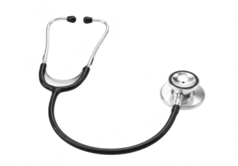 A medical stethoscope with black tubing and silver parts is shown isolated on a transparent background
