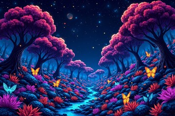 A picture of Luminous Night Valley with Butterflies