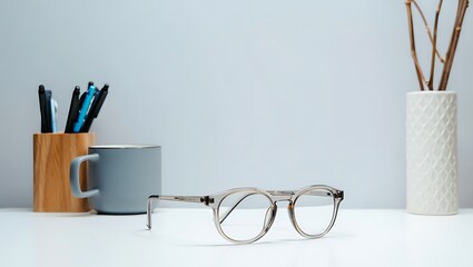 Stylish Round Eyeglasses Resting on a Clean White Desk with Office Supplies and Decorative Twigs in a Vase