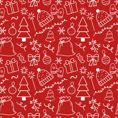 Seamless pattern with New Year doodles. Includes Christmas tree, gifts, mittens, snowflakes, candy, and decorations. Vector pattern on red background, hand drawn, outline.