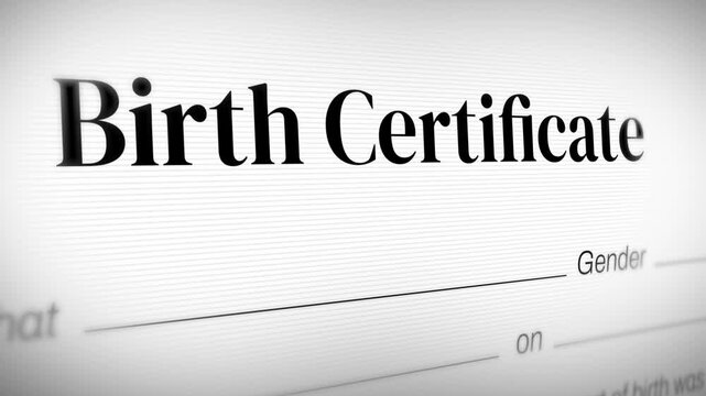 Birth Certificate close up with copy space 4k animation. Government, paper, Date of birth, documents