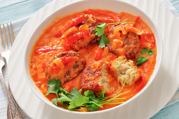 fish cakes in tomato vegetable coconut milk sauce