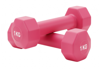 A pair of pink 1kg dumbbells isolated on a transparent background, ready for a home workout