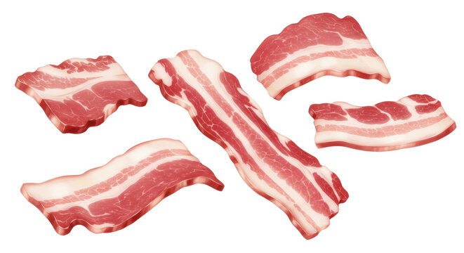 Uncooked pork bacon slices, irregular, dynamically falling with vibrant red lean meat and creamy white fat, studio shot on transparent seamless background with copy space, concept of fresh raw meat