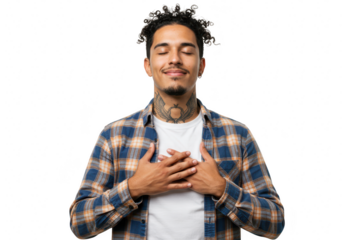 A man with closed eyes and hands on his chest expresses gratitude and peace, isolated on transparent background