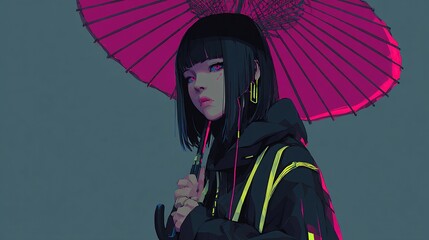 Girl with pink umbrella, cyberpunk aesthetic
