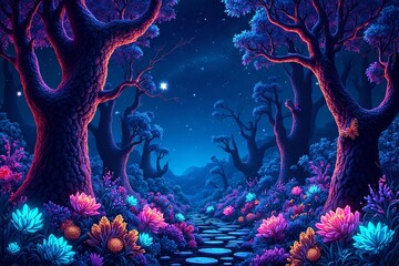 A picture of Luminous Night Valley with Butterflies