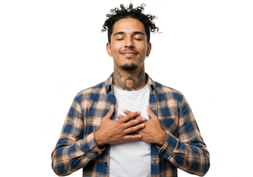 A man with closed eyes and hands on his chest expresses gratitude and peace, isolated on transparent background