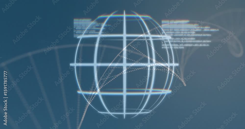 Poster starting globe fading into view, code sliding, arcs tracing double helix, visualizing data flow