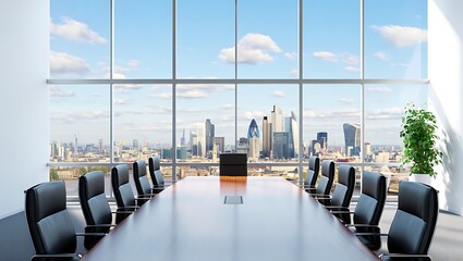 Modern Boardroom with City Skyline View and Natural Light