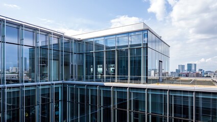 Modern Glass Office Building Exterior with Cityscape View Under Blue Sky