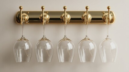 Five wine glasses hang elegantly from golden rack against a neutral wall