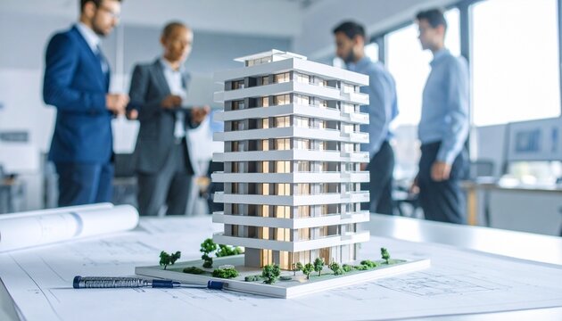 Professionals reviewing a building model and blueprints in office