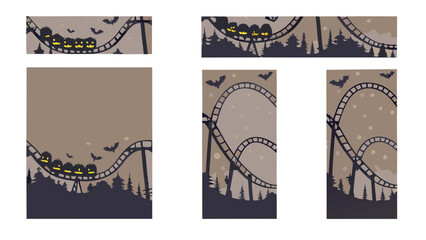 Silhouette of a halloween themed roller coaster with bats and pumpkin train cars in the night scene