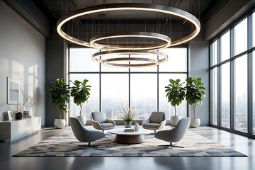 Modern office lounge with contemporary seating and large windows with city view