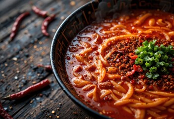  Spicy Ramen close up, intensely red broth with chilli flakes, burnt wood table, dramatic high contrast lighting, capturing heat