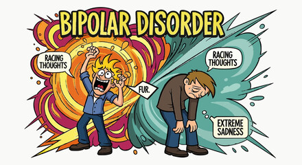 Obraz premium Cartoon Illustration of Bipolar Disorder – Manic and Depressive Episodes in One Character