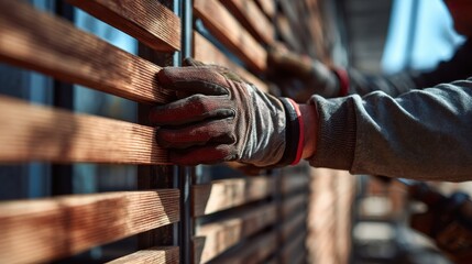 Close-up of construction worker hands installing wooden privacy fence slats for modern house exterior, focusing on secure gate structure, outdoors boundary design and safety control elements