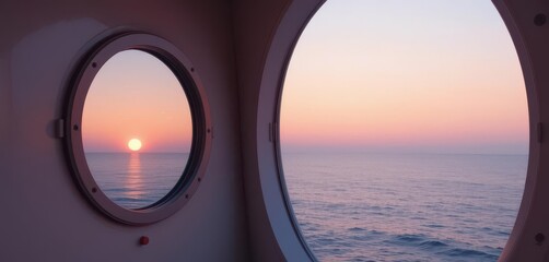  Pastel Ocean View A Minimalist Sunset Seen Through a Ship s Circular Porthole, Simple Shapes