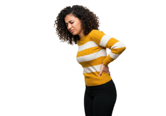 A woman with curly hair clutches her lower back in pain, wearing a striped sweater and black pants, isolated on a transparent background