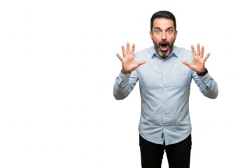 A shocked man with an open mouth and raised hands, isolated on a transparent background