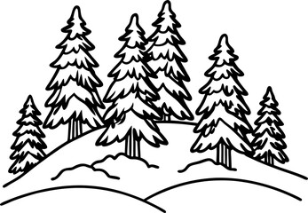 Fototapeta premium Winter pine trees on snowy hill black and white outline drawing of forest landscape with fir trees and snow