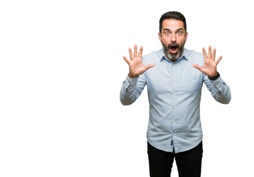 A shocked man with an open mouth and raised hands, isolated on a transparent background
