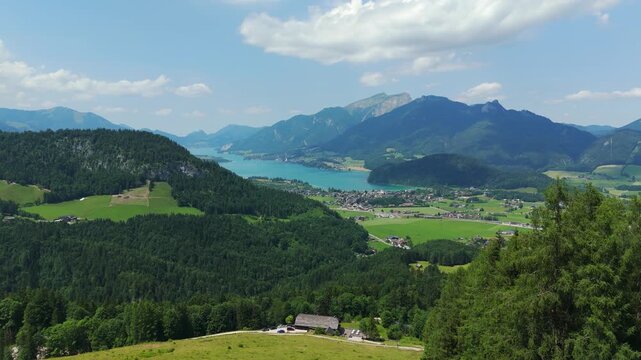 Laimeralm Mountain Inn, Lake Wolfgangsee, and Strobl Town from an aerial perspective