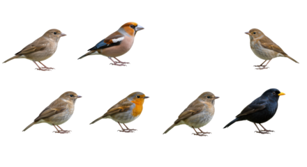A horizontal row of detailed european garden birds (chaffinch, hawfinch, great tit, house sparrow, robin, redstart, blackbird) standing on a transparent studio background with copy space, no shadows.